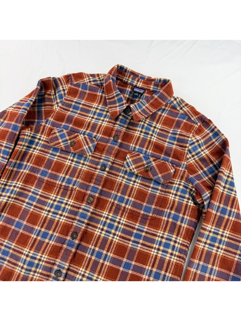 Patagonia Fjord Flannel Shirt Women's XS Rust Blue Plaid Organic Cotton
